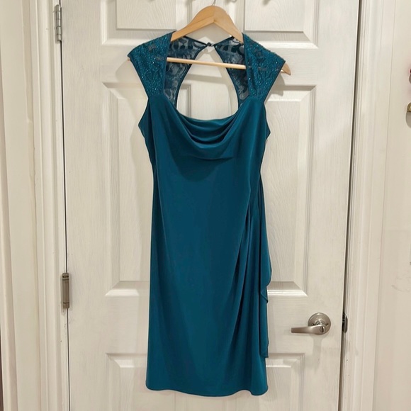 R&M Richard’s Lace Cap Sleeve Green Teal Cocktail Dress - Picture 4 of 14